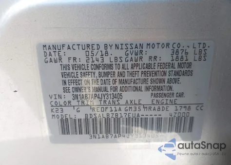 2018 Nissan Sentra S z USA, uszkodzony, nr VIN 3N1AB7AP4JY313405